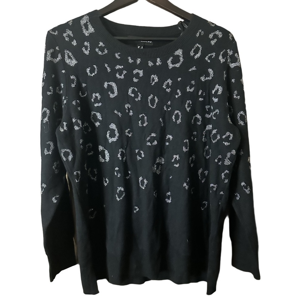 Love & Legend Black and Silver Leopard Print Crew Neck Sweater Size 1X Plus
